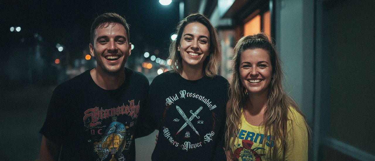 Three people on a street at night, the woman in the middle wearing the Kid Presentable!!! Writers Never Die shirt.
