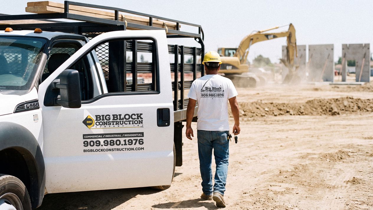 A Big Block Construction worker in a branded shirt and yellow hard hat walking away from a logoed truck toward an excavator on a dirt lot.