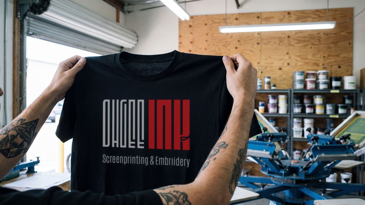 A tattooed printer holding up a finished OhGee Ink shirt in the shop, shelves of ink buckets behind him.