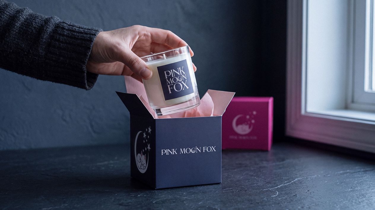 A hand lifting a Pink Moon Fox candle out of its navy gift box, pink tissue inside, a magenta box behind it.