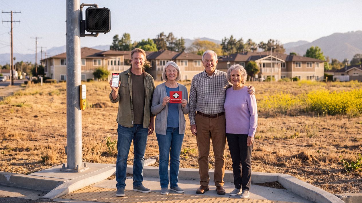 Four residents standing at the Wells Road crosswalk, one holding a phone showing the campaign site and one holding a printed card, with houses and the open lot behind them.