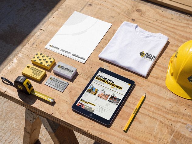 Big Block Construction stationery on a plywood sawhorse table: letterhead, business cards, notepads, a folded tee, a tablet showing the website, a hard hat, tape measure and pencil.