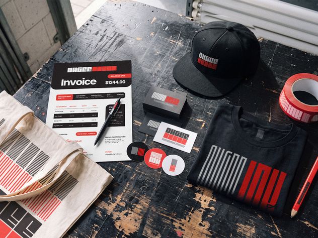 The OhGee Ink identity laid out on a worn black worktable: invoice, business cards, stickers, cap, canvas tote, folded shirt and printed packing tape.