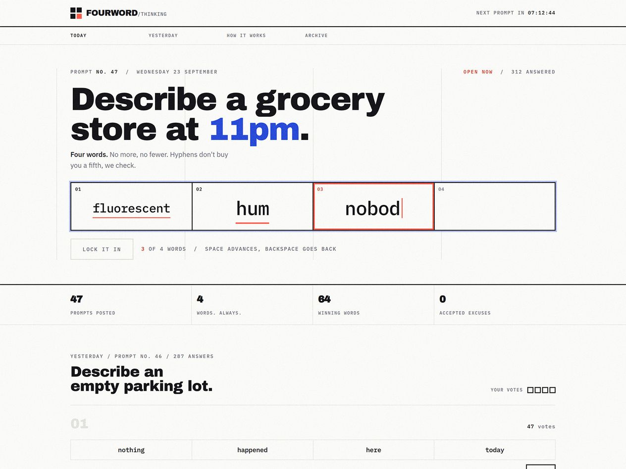 The four-slot answer input mid-answer, on the prompt Describe a grocery store at 11pm. The words fluorescent and hum are locked in with coral rules under them, the third slot is outlined in coral with nobod being typed, and the fourth is empty. Below it a Lock it in button and the counter three of four words.