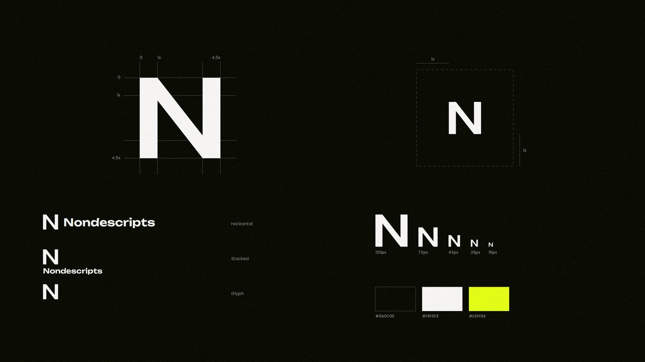 An identity specimen sheet: the Nondescripts N with construction rules, a clear-space diagram, three lockups, a size ramp down to sixteen pixels, and the three brand color chips.