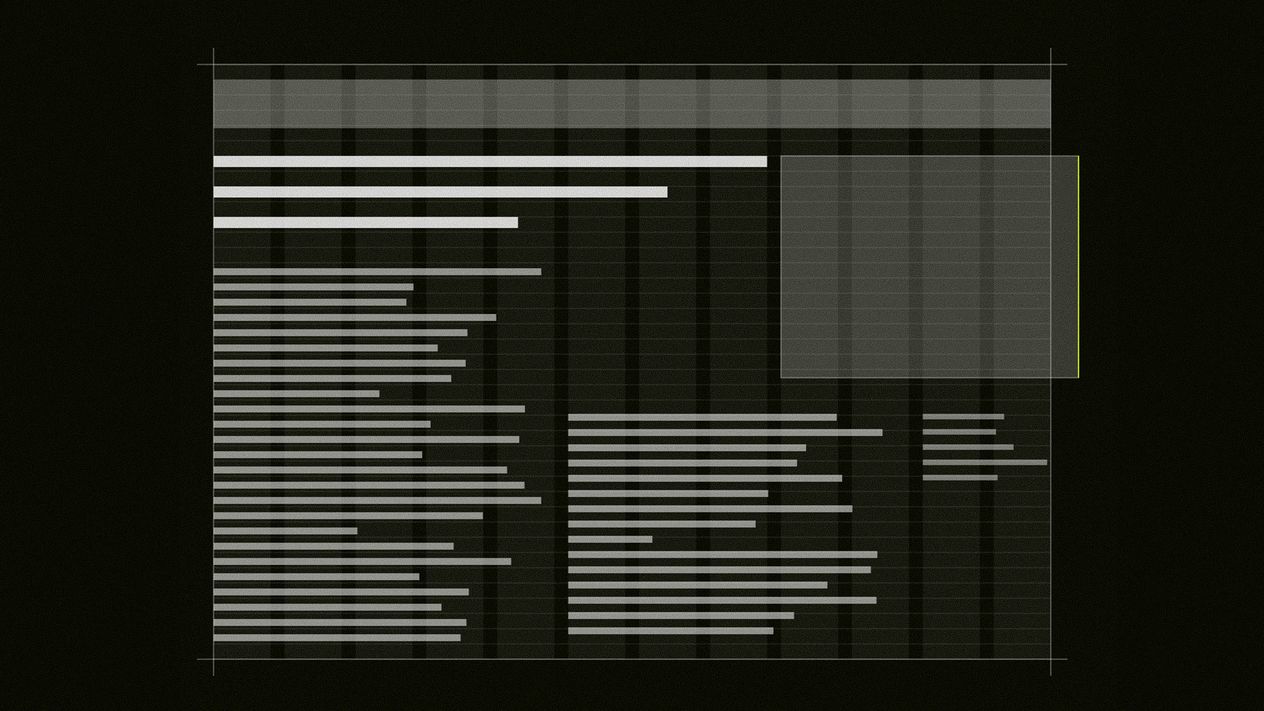 A layout with its column and baseline grid drawn in, content sitting on it as grey blocks, and one element breaking past the right margin.