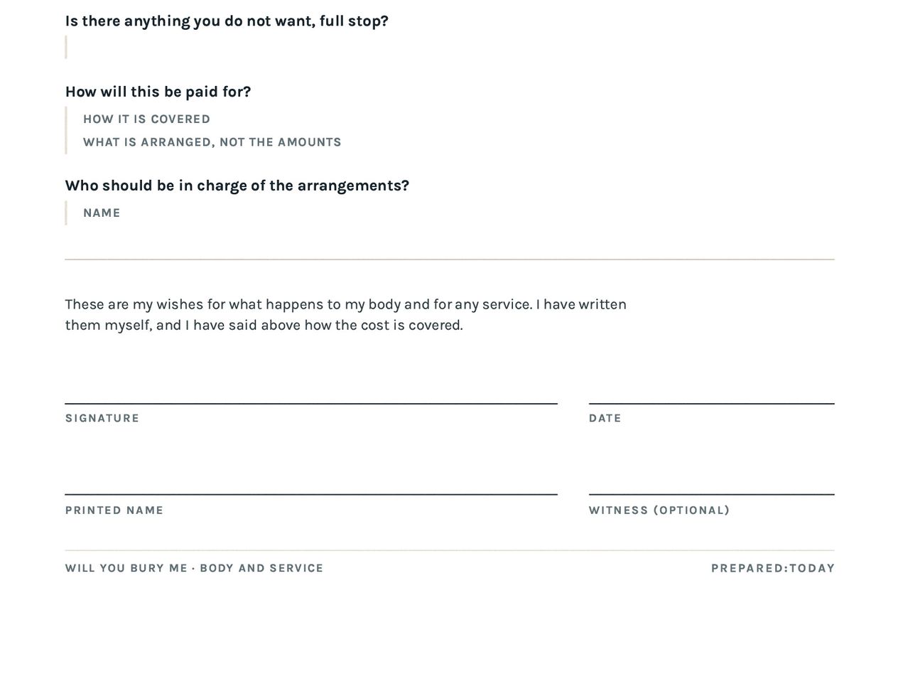The printed document's body and service page, ending in signature, date, printed name and optional witness rules, with the footer reading Will You Bury Me, body and service.