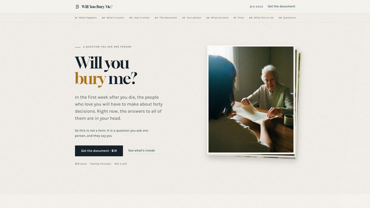 The Will You Bury Me homepage: the headline Will you bury me, with bury set in amber, above the line about the forty decisions and a Get the document button, beside a photograph of a younger and an older woman at a table with the document open between them.