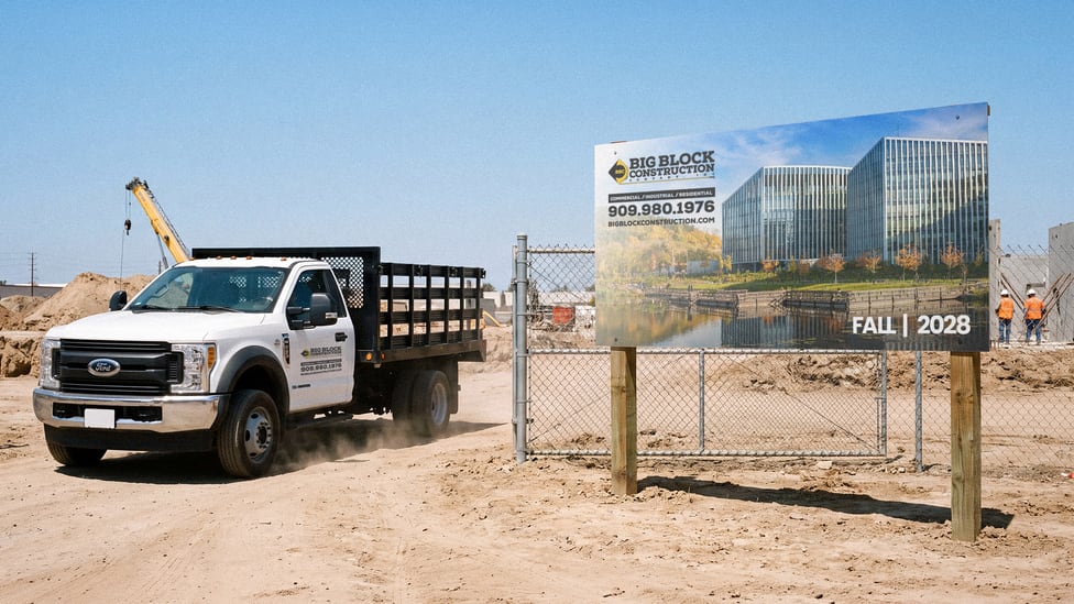 A branded work truck leaving a construction site, passing the project sign for the job, which carries the same mark.