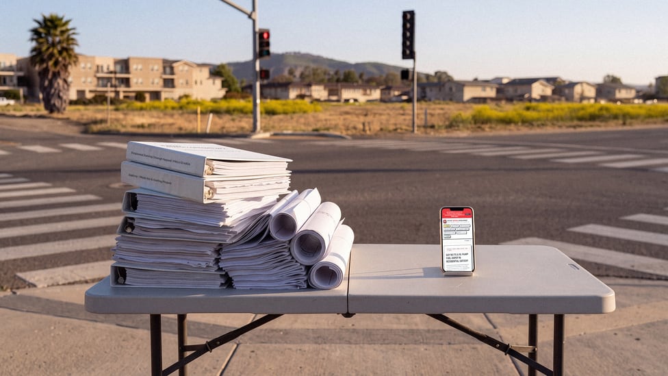 A folding table at the intersection holding a tall stack of planning documents and rolled plans, with a phone showing the site standing beside it.
